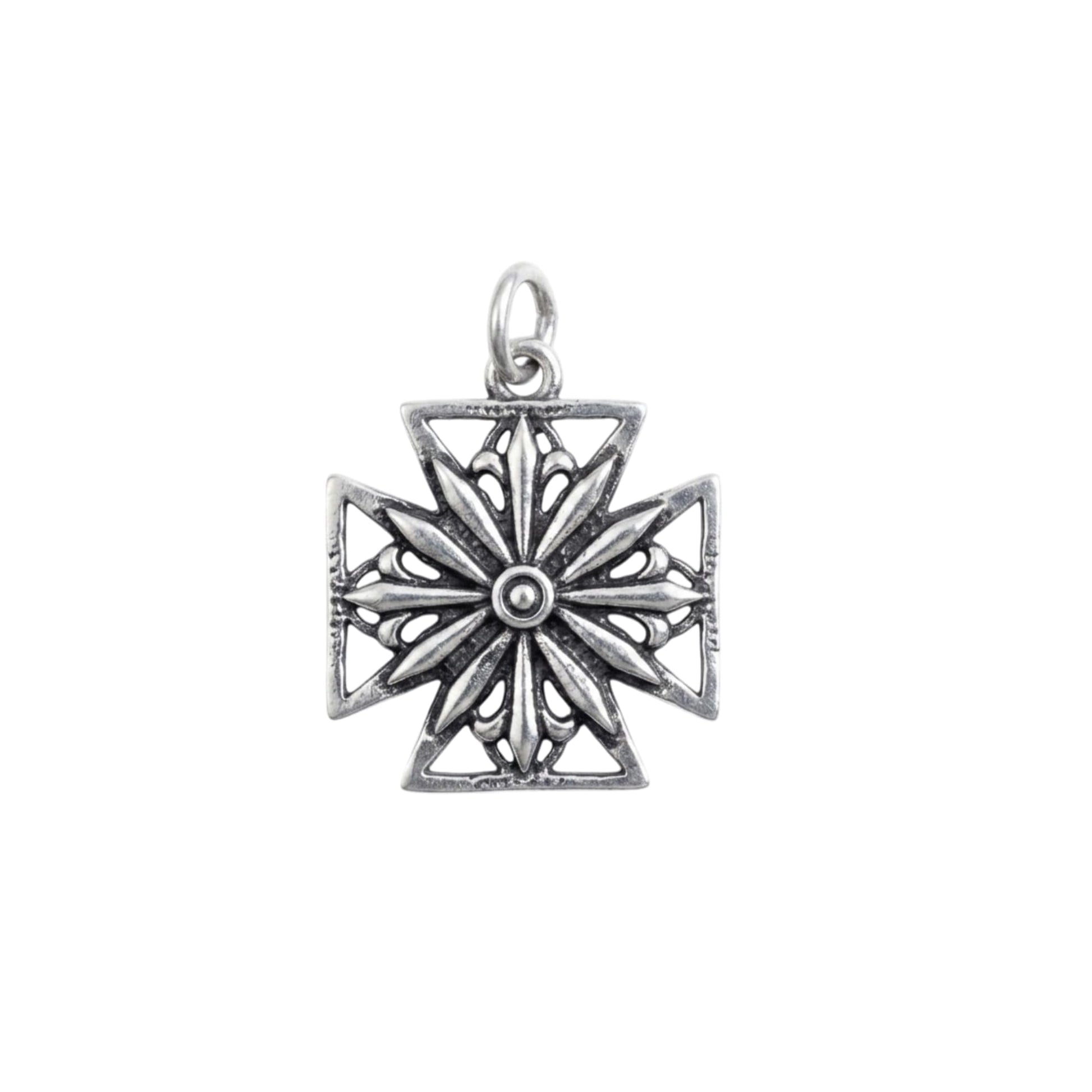 Oxidised Maltese star pendant charm with Maltese cross cutouts and round center, silver