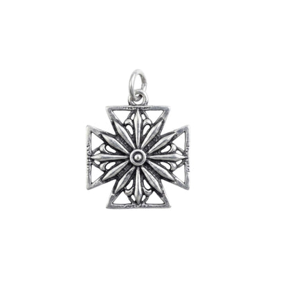 Oxidised Maltese star pendant charm with Maltese cross cutouts and round center, silver