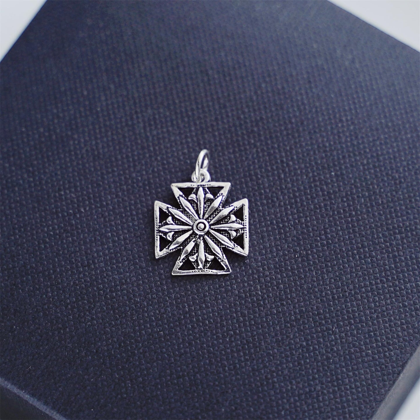 Maltese star pendant charm, oxidised silver tone, small round center detail