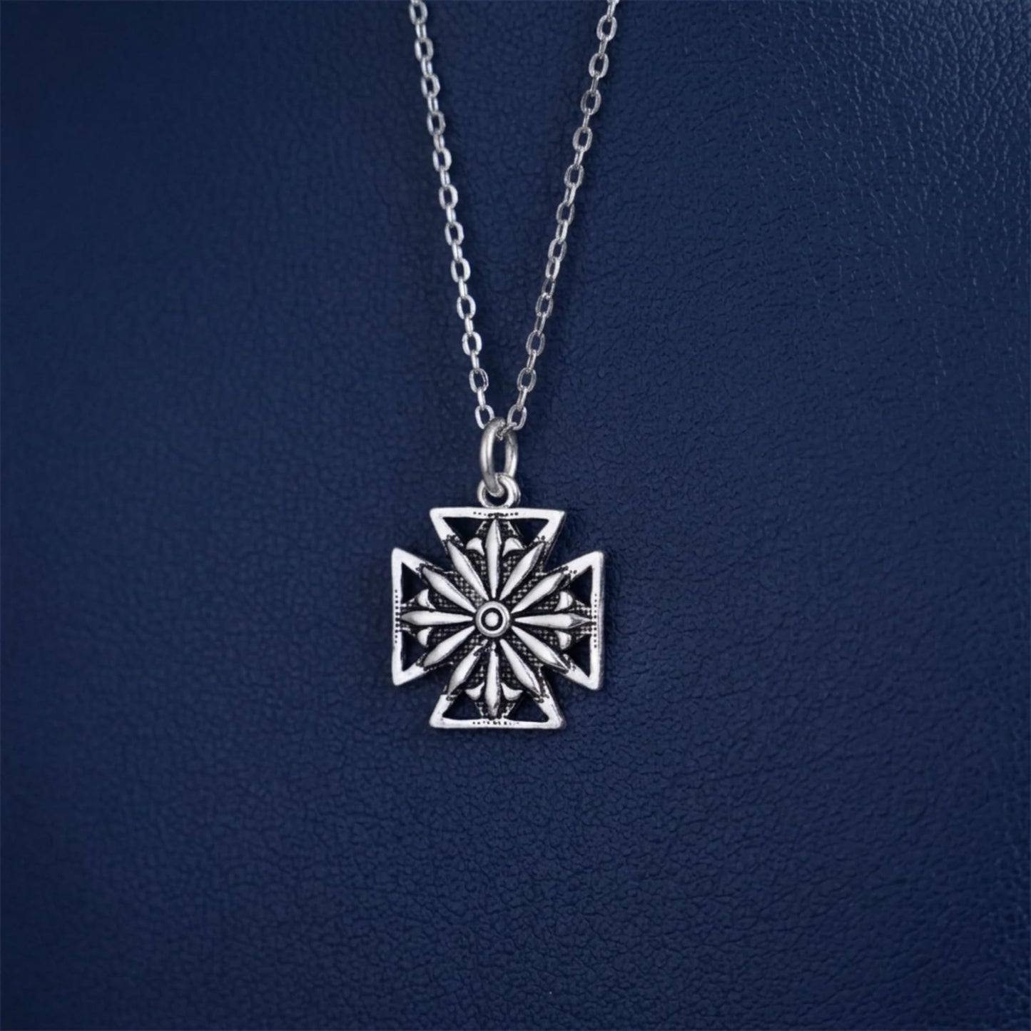 Oxidised Maltese star pendant on silver chain necklace, round center detail