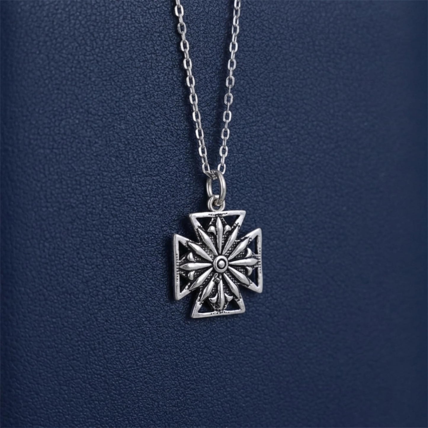 Oxidised Maltese star pendant on hanging silver chain, circular center ornament