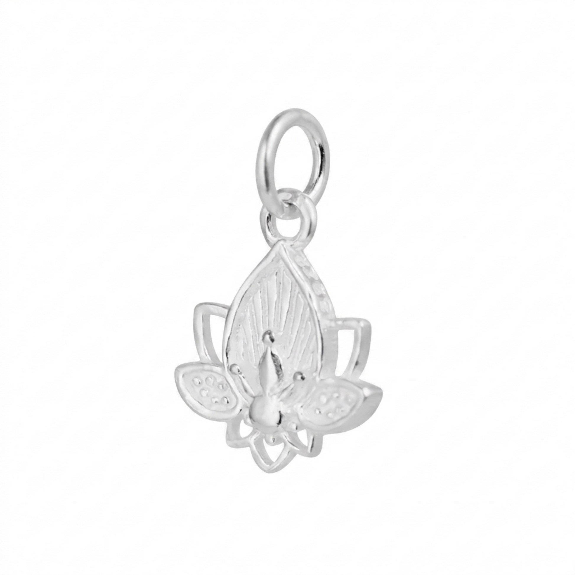 Lotus flower charm pendant in silver tone, side view of layered lotus petals and center