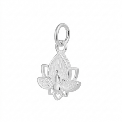Lotus flower charm pendant in silver tone, side view of layered lotus petals and center