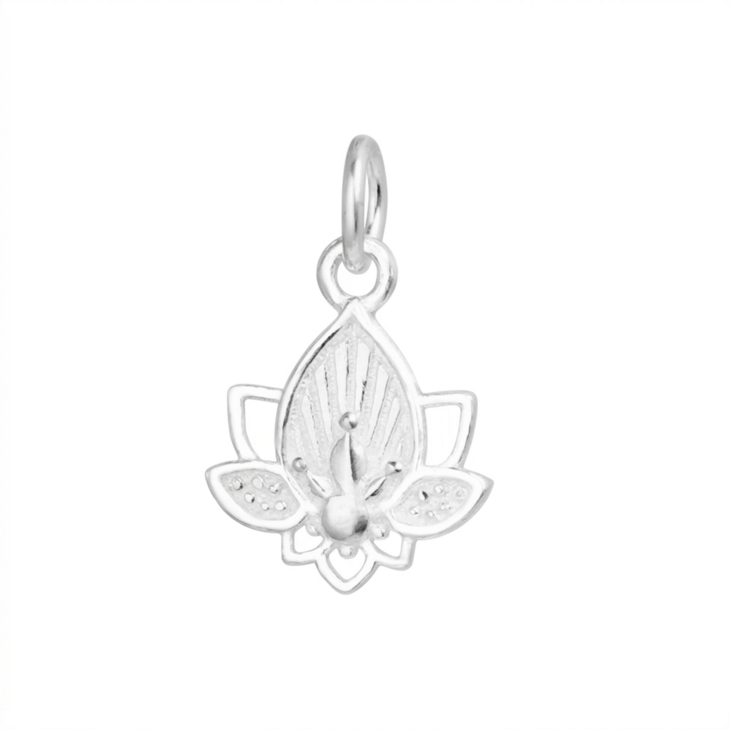 Lotus flower charm pendant in silver tone with small loop bail, detailed petals and center