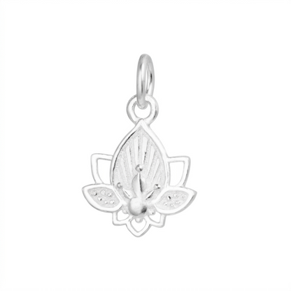 Lotus flower charm pendant in silver tone with small loop bail, detailed petals and center