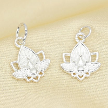Lotus flower charm earrings in silver tone, two small lotus drops with loops