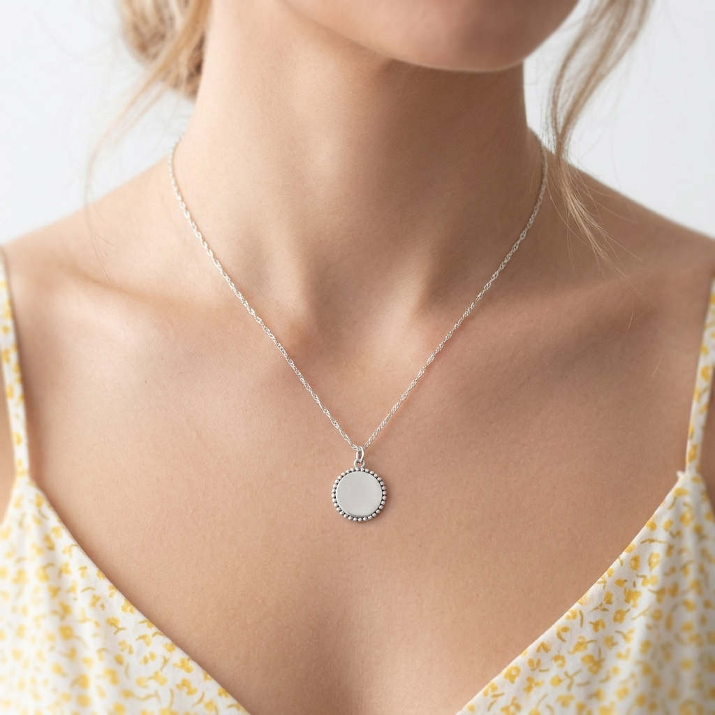 Oxidised beaded circle charm necklace pendant, silver-toned round charm on chain