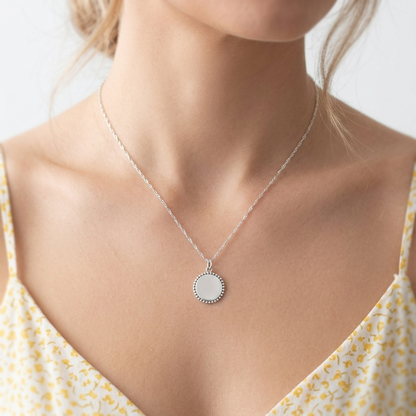 Oxidised beaded circle charm necklace pendant, silver-toned round charm on chain