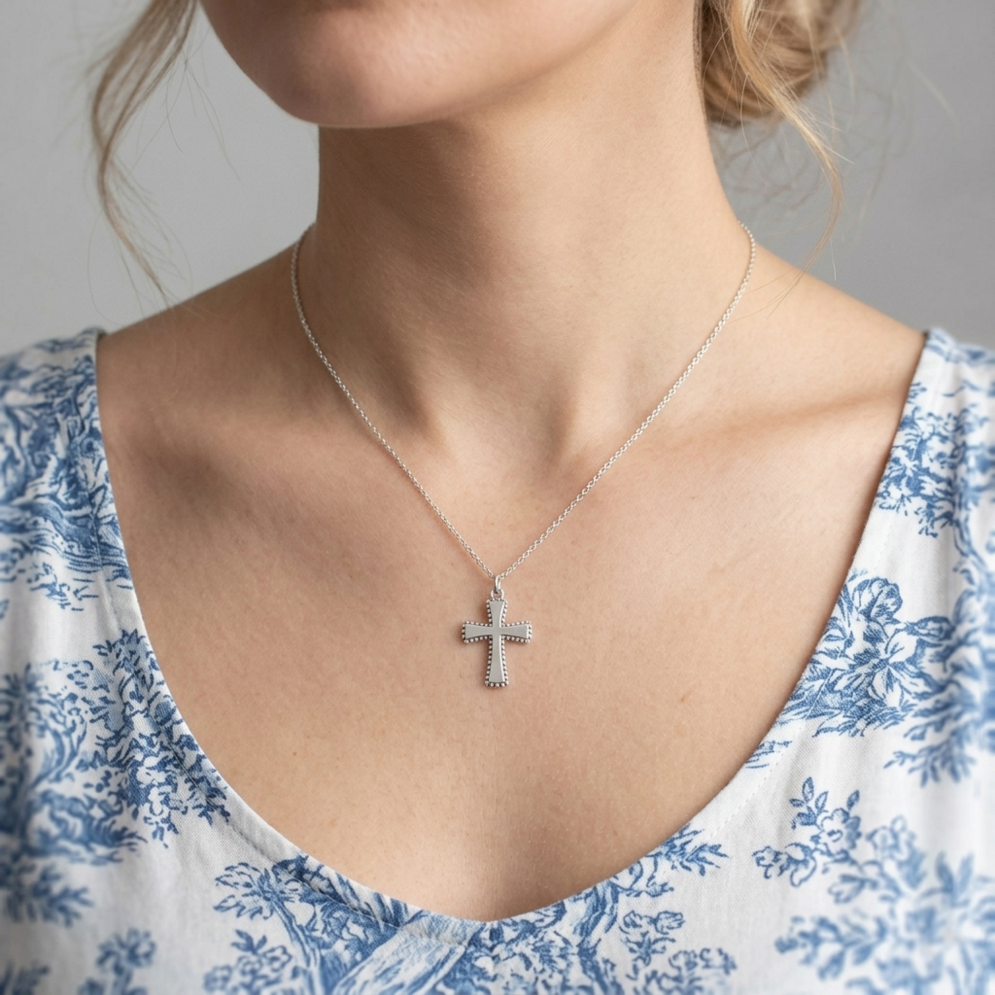 Cross charm pendant on thin chain, small silver cross with dark beaded detailing