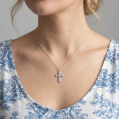 Cross charm pendant on thin chain, small silver cross with dark beaded detailing
