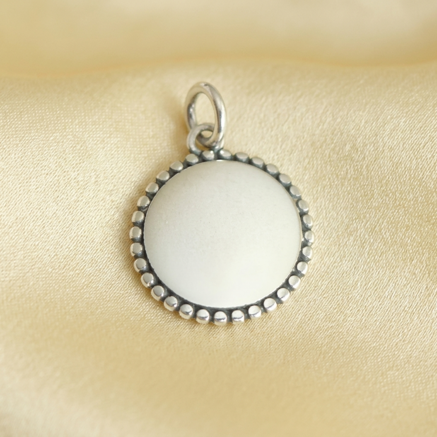 Oxidised beaded circle charm, silver-toned round charm with bead edging and loop