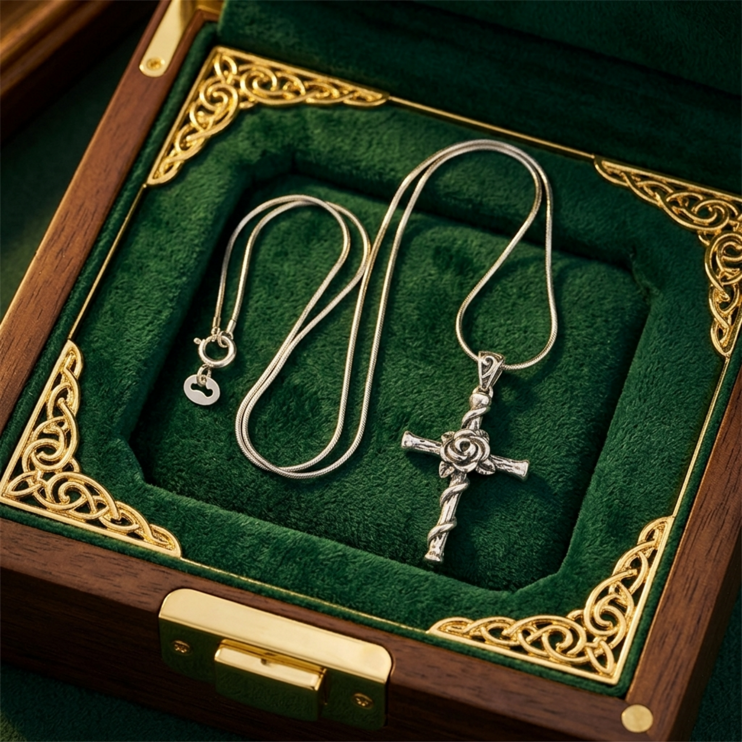 Silver rose thorn cross pendant on a chain with an attached bail