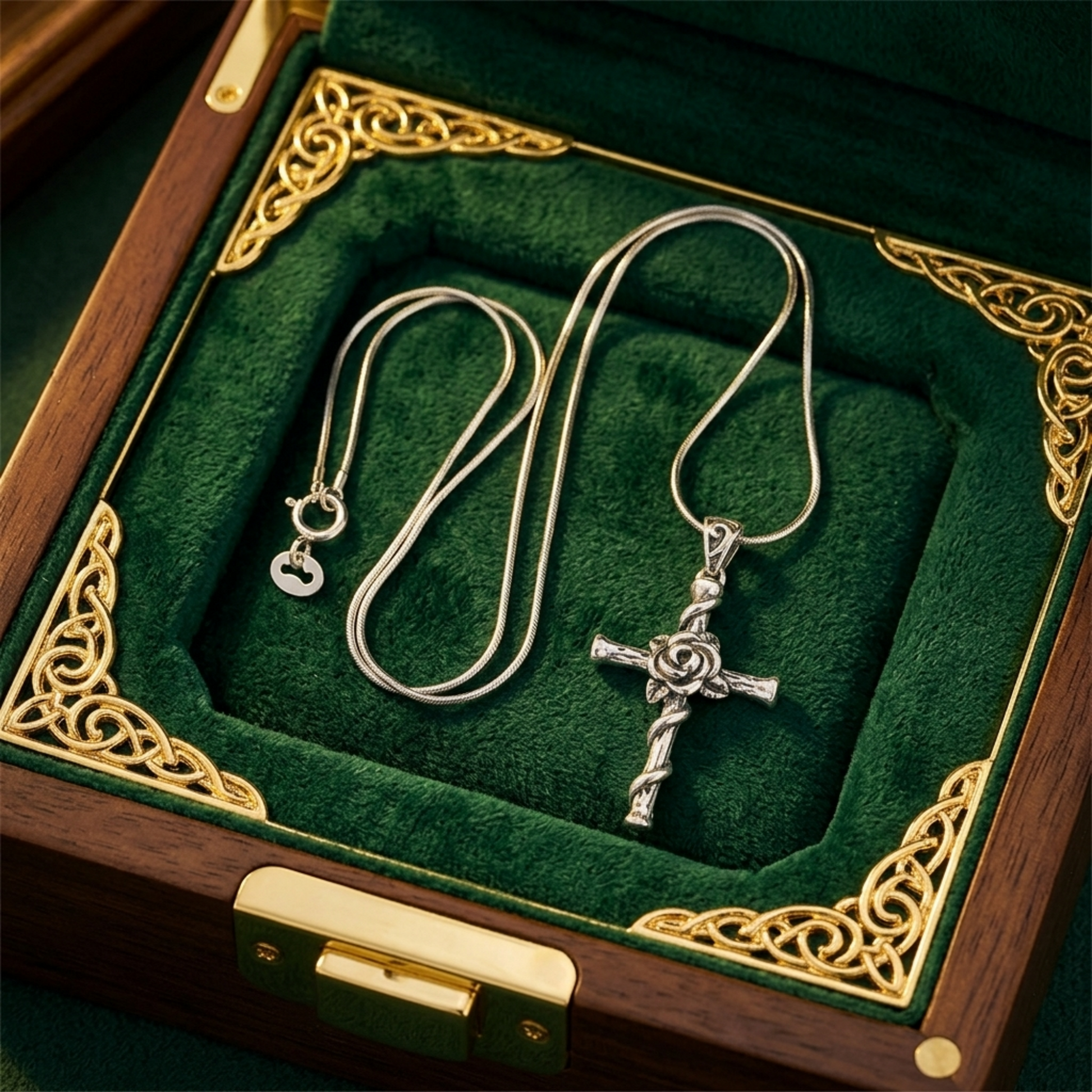 Silver rose thorn cross pendant on a chain with an attached bail
