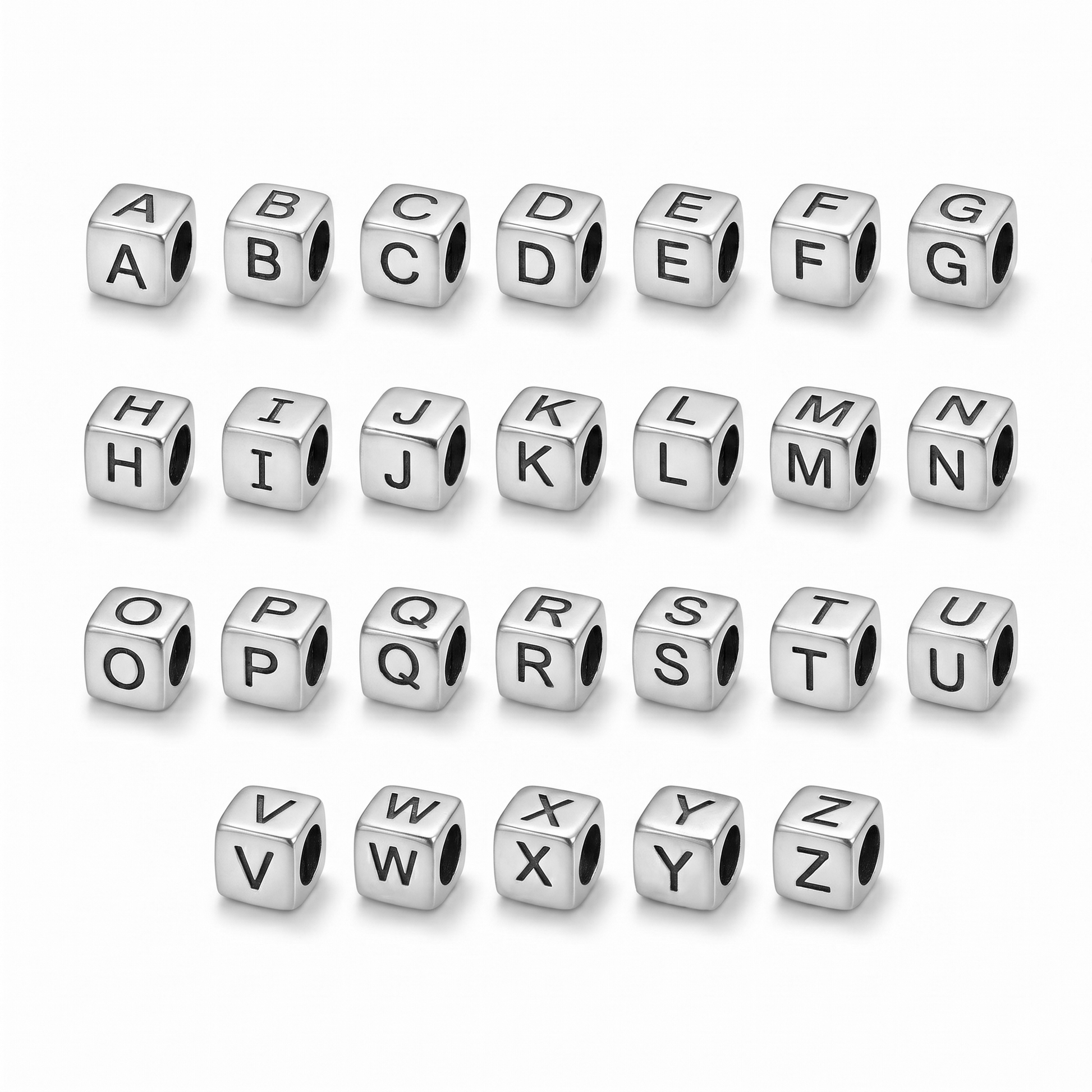 Silver alphabet cube beads with embossed letters A to Z on cube faces