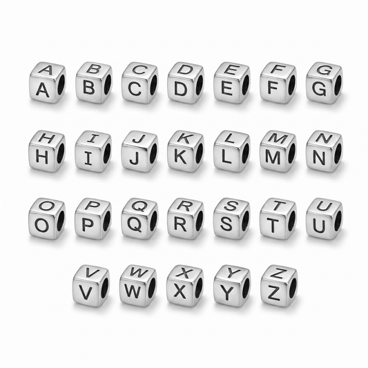 A-Z alphabet cube beads set, metal cubes with letters A–N and O–Z visible