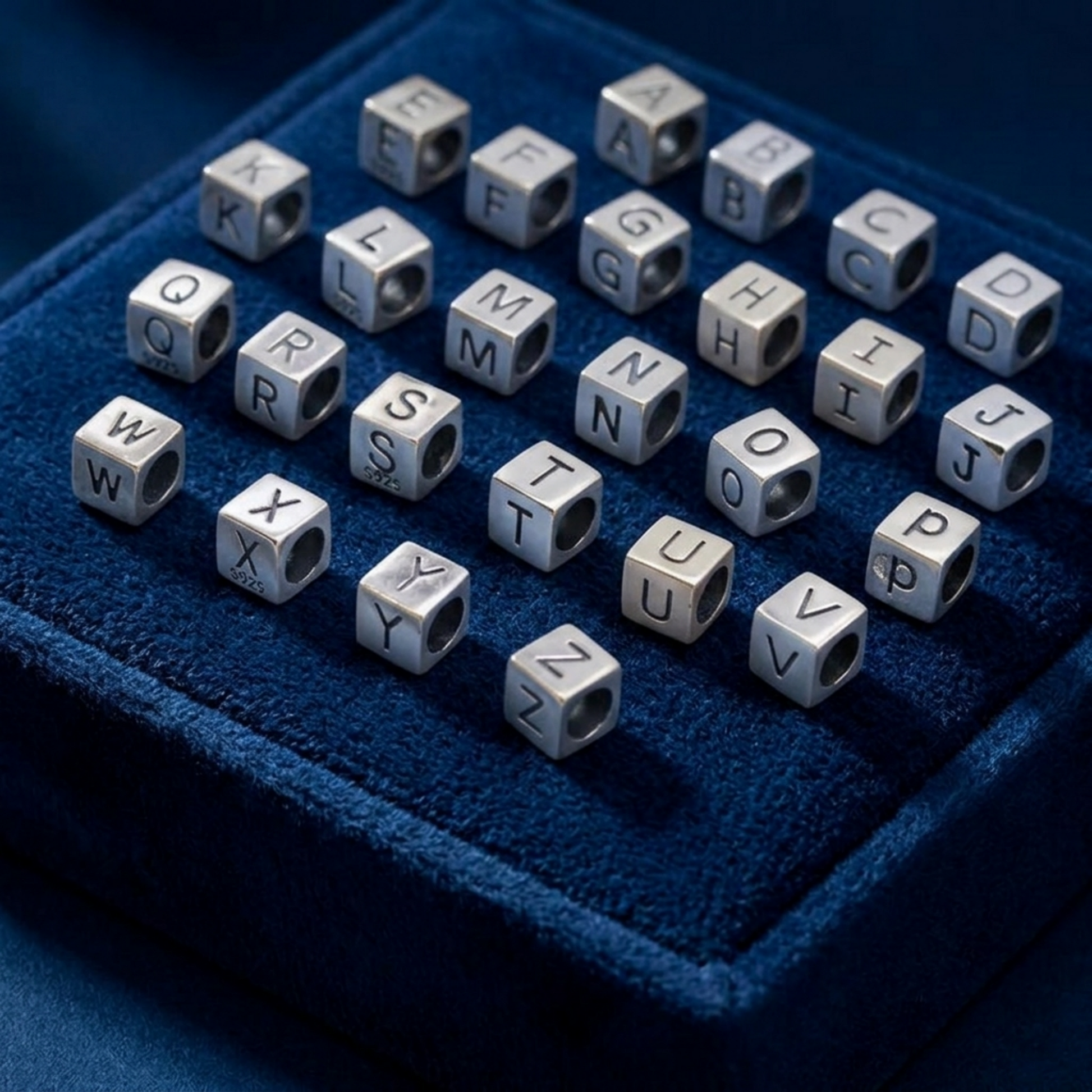 Silver alphabet cube beads on blue velvet, showing embossed letters A to Z on cubes