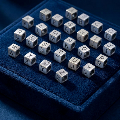 Silver alphabet cube beads on blue velvet, showing embossed letters A to Z on cubes