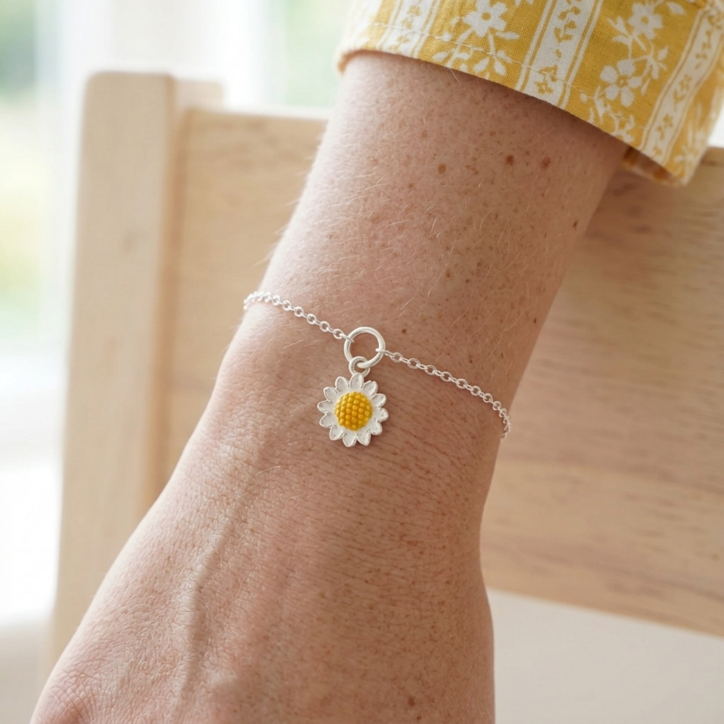 Sunflower charm bracelet centerpiece: yellow glazed sunflower on silver link chain