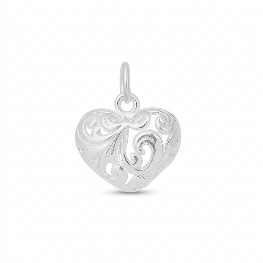 Sterling Silver Filigree Floral Puffy Double Sided Love Heart Pendant for Necklace Bracelet