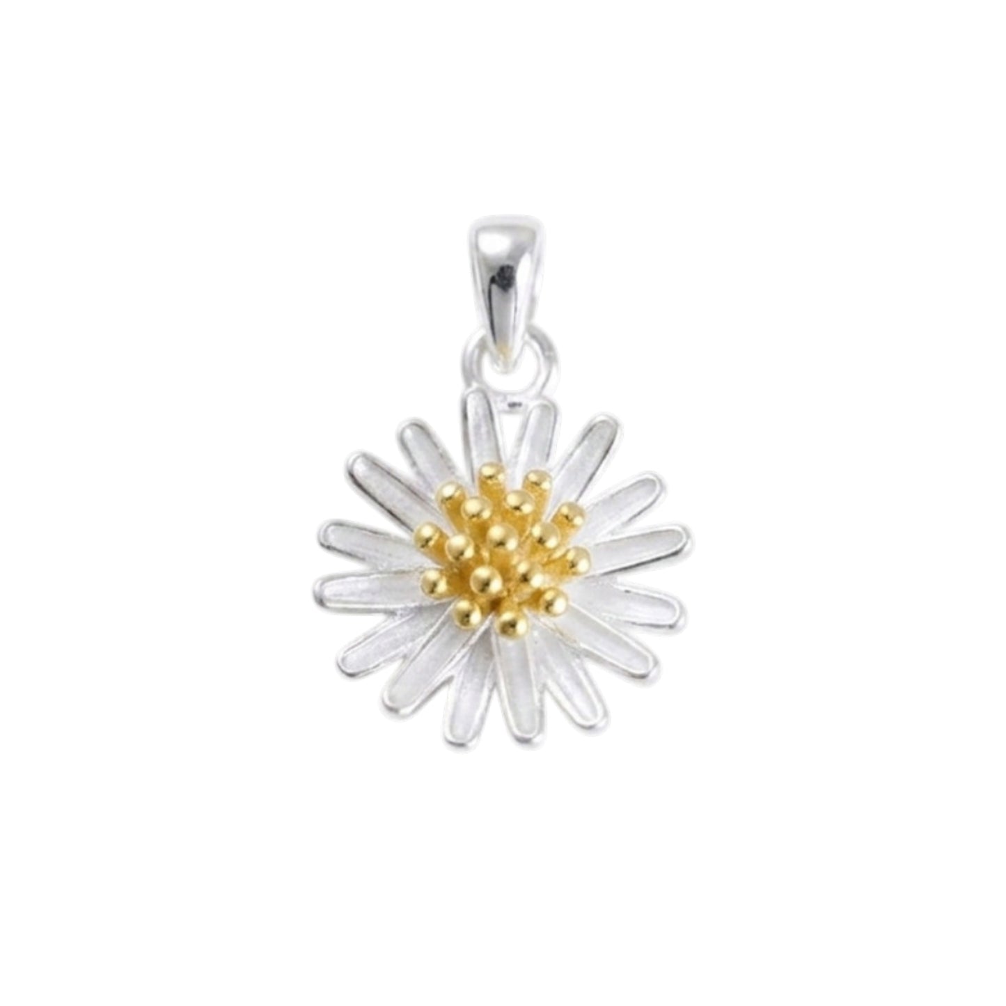Silver daisy flower pendant with gold center beads and loop bail