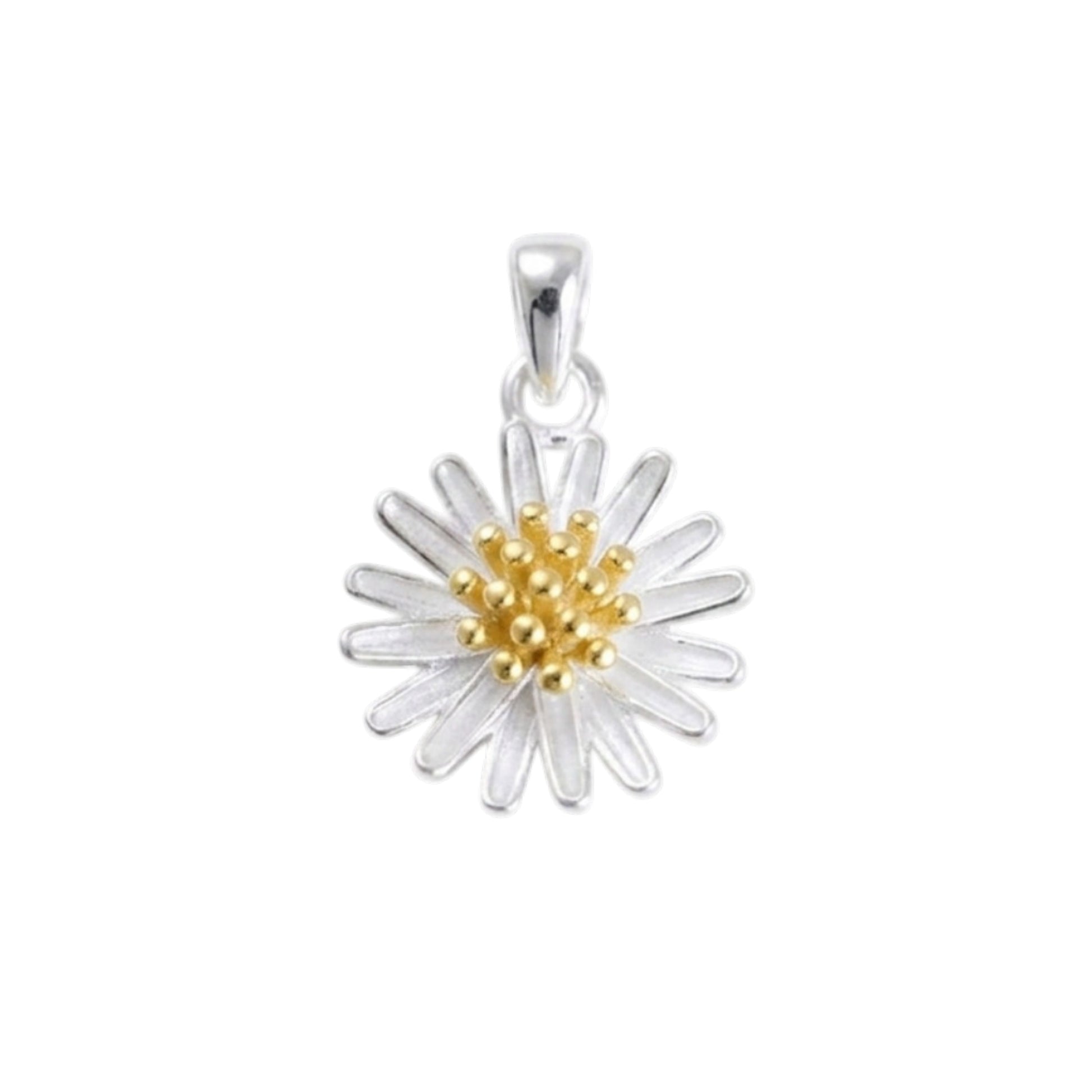 Silver daisy flower pendant with gold center beads and loop bail