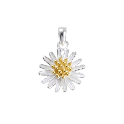 Silver daisy flower pendant with gold center beads and loop bail