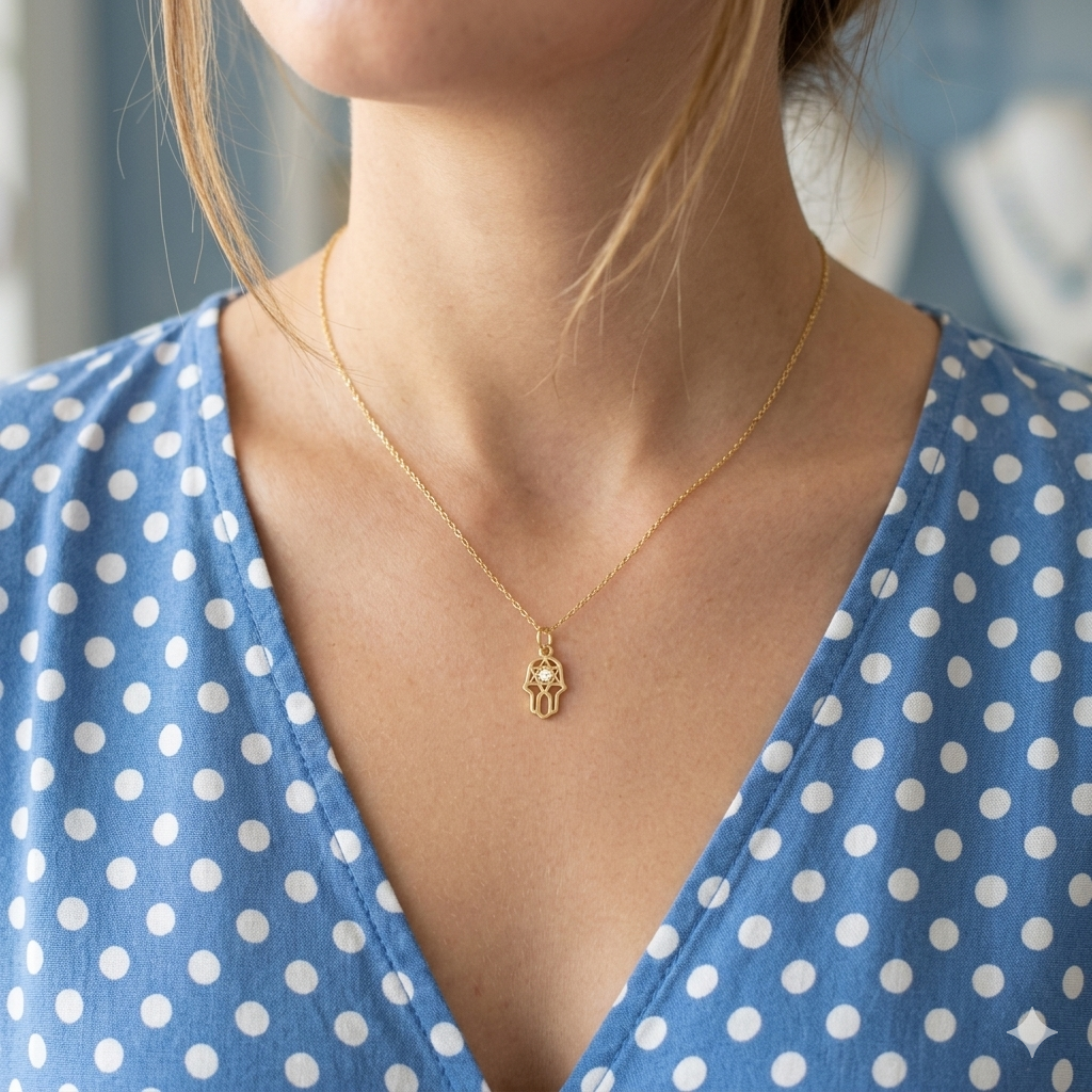 Gold hamsa protection pendant necklace with clear stone on neckline