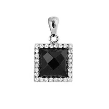 Sterling Silver Square Black Agate CZ Halo Stud Earrings Pendant Necklace Set