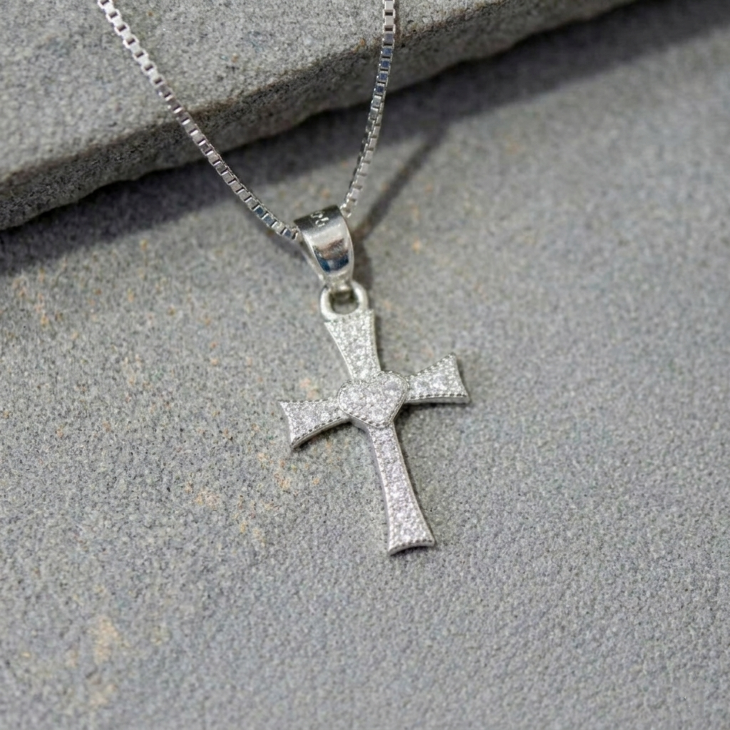 Silver CZ heart cross pendant on chain, round bail connector