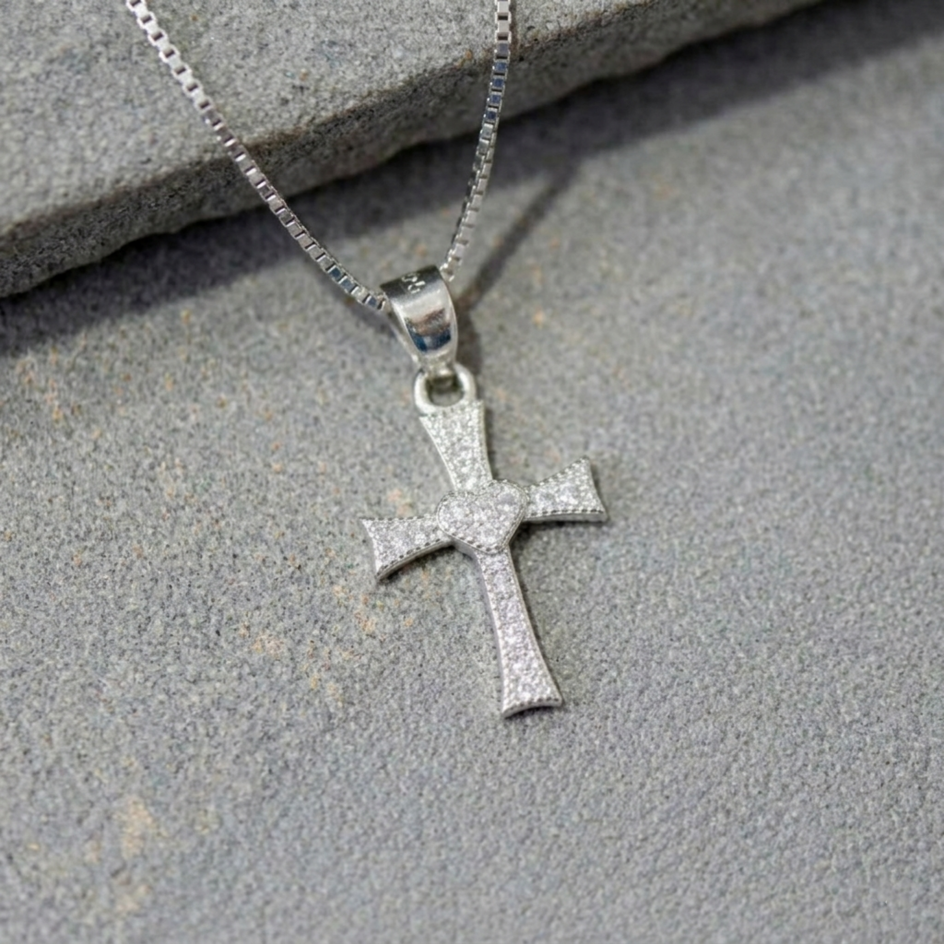 Silver CZ heart cross pendant on chain, round bail connector