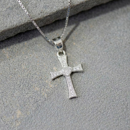 Silver CZ heart cross pendant on chain, round bail connector