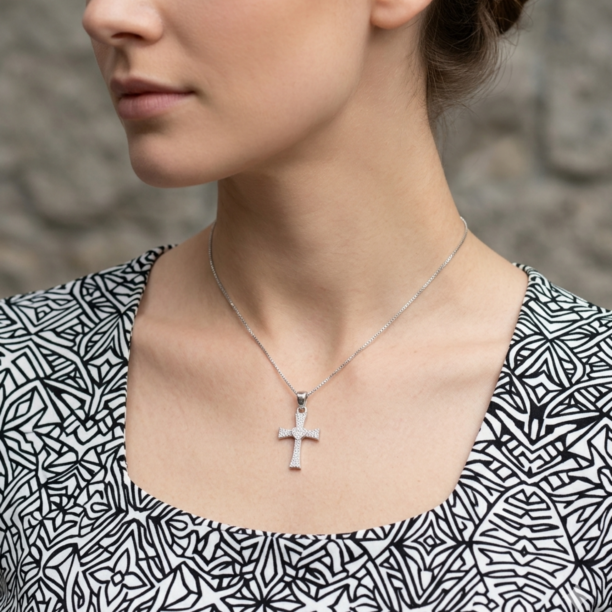 Heart cross pendant necklace in silver with CZ pavé on chain