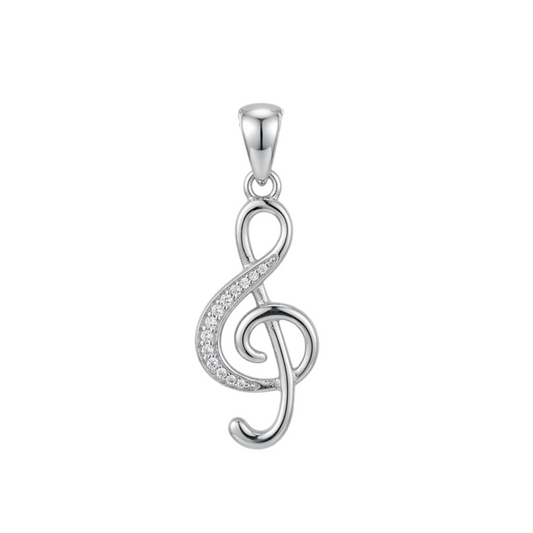Silver-tone music note pendant with heart-shaped loop and sparkling crystal detailing
