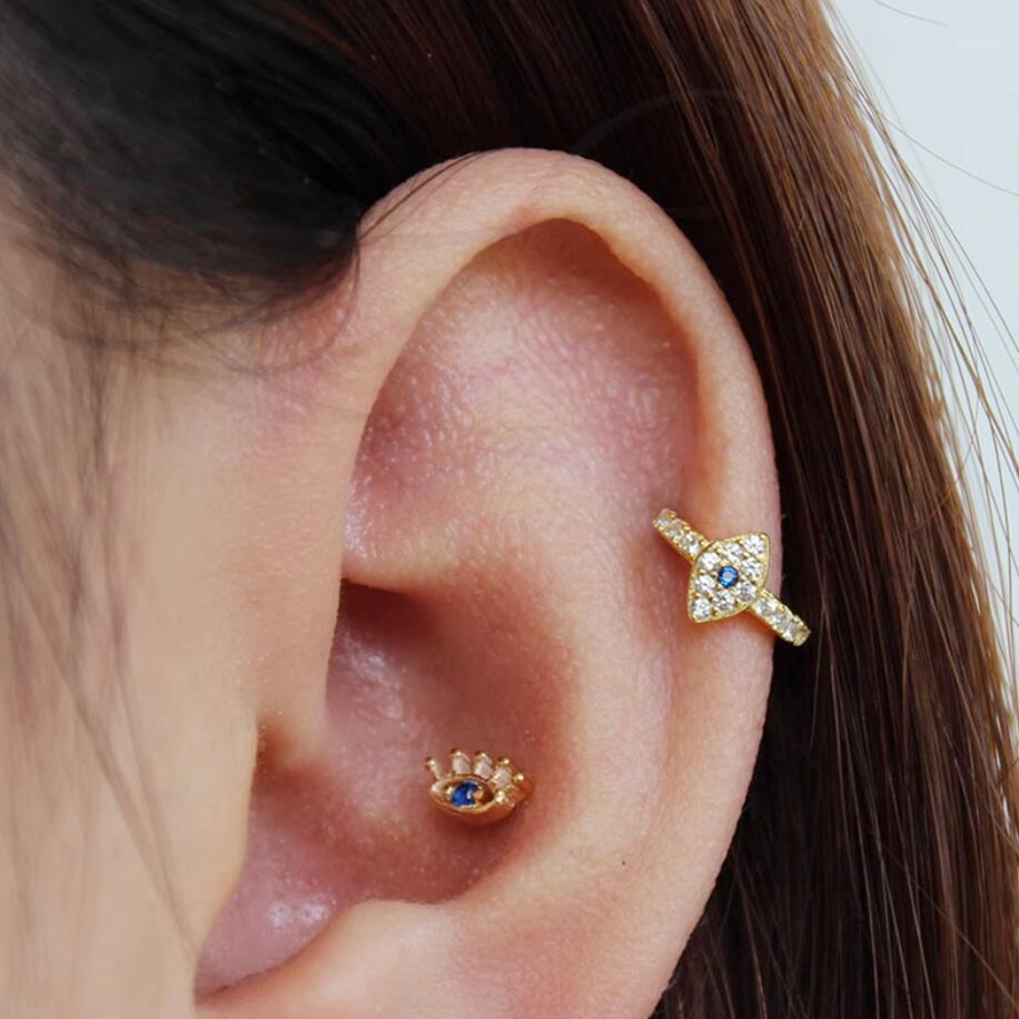 8mm Hoop Earrings with 18K Gold Finish and Blue White CZ Evil Eye Charm - sugarkittenlondon