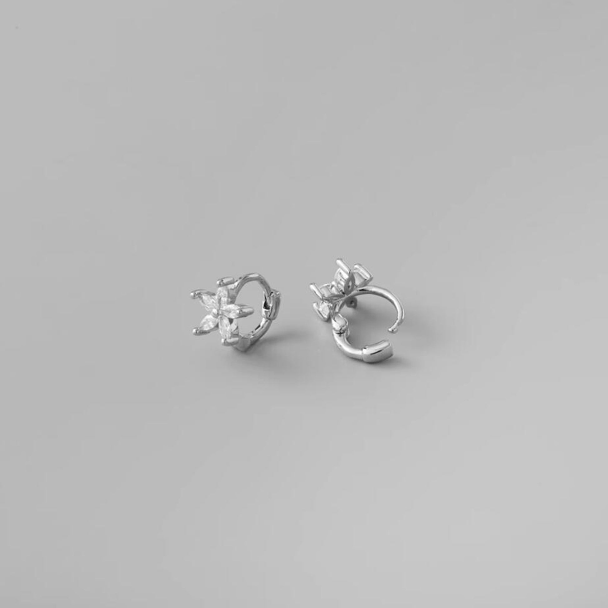 925 Sterling Silver Flower Huggie Hoop Earrings with CZ Accents 2 Tones - sugarkittenlondon