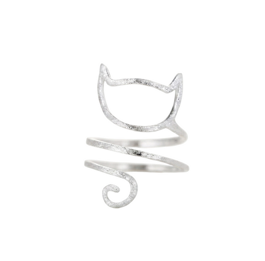 Silver-tone kitten wraparound ring with cat-face top and spiral tail detail.