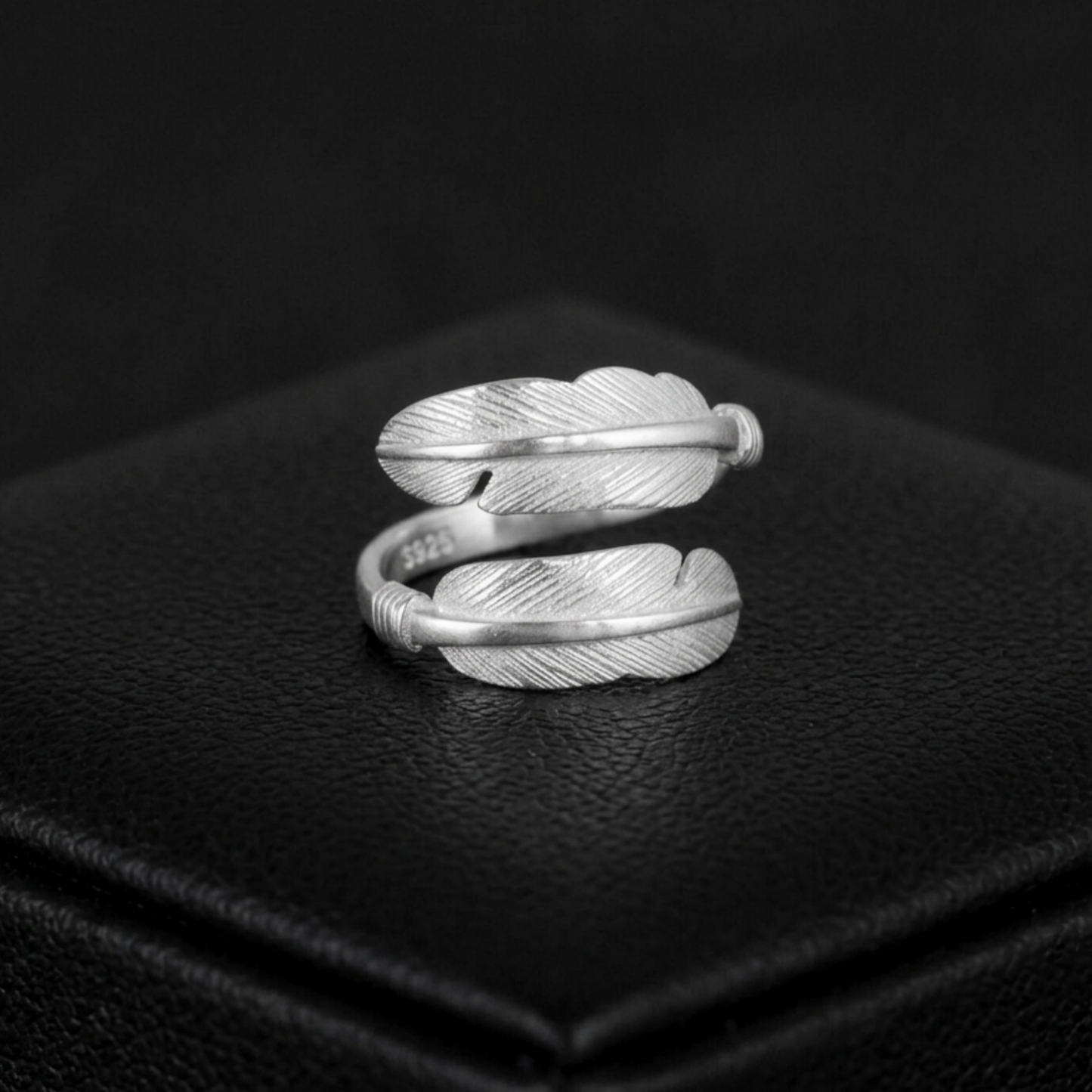 Wide double feather open band ring, textured silver tone