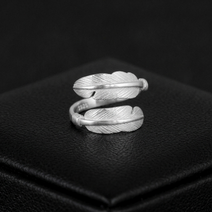 Wide double feather open band ring, textured silver tone