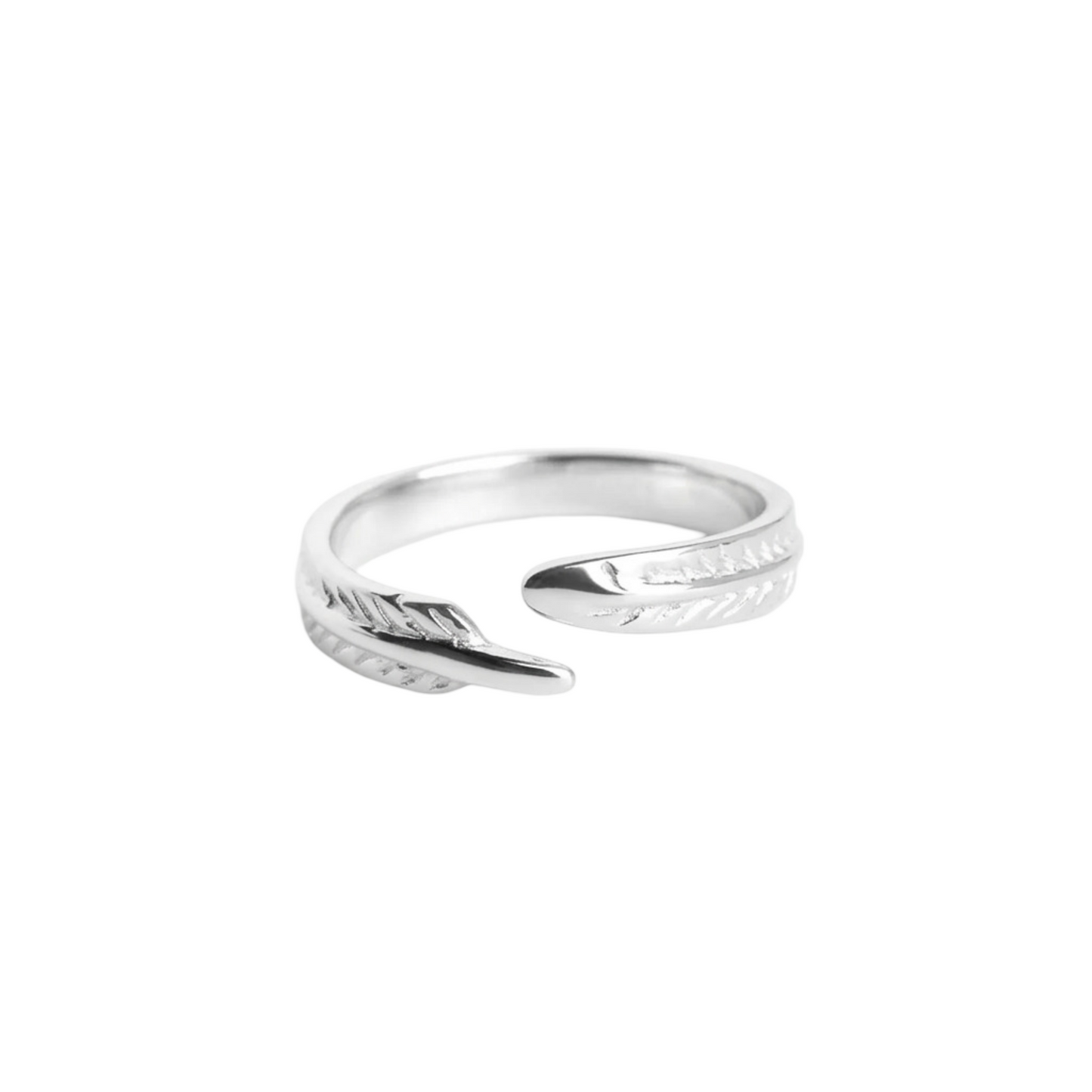 Silver open ring with angel feather wing engraving on the band
