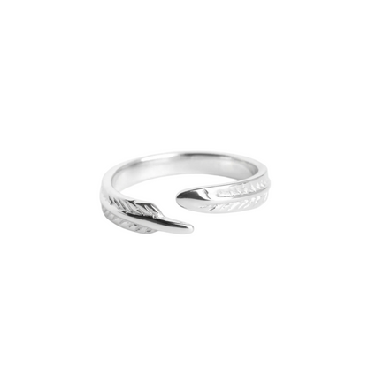 Silver open ring with angel feather wing engraving on the band