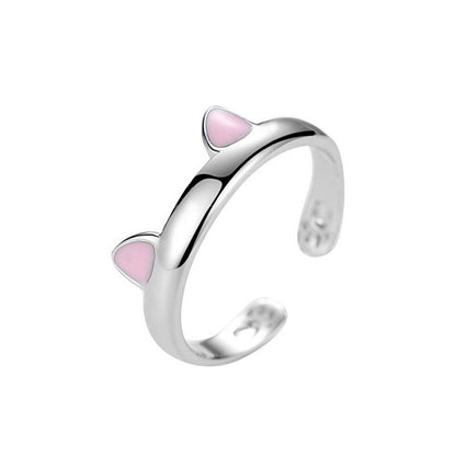Sterling Silver Pink Black Glazed Kitten Ear Cat Paw Hug Ring Open Band Sizable - sugarkittenlondon