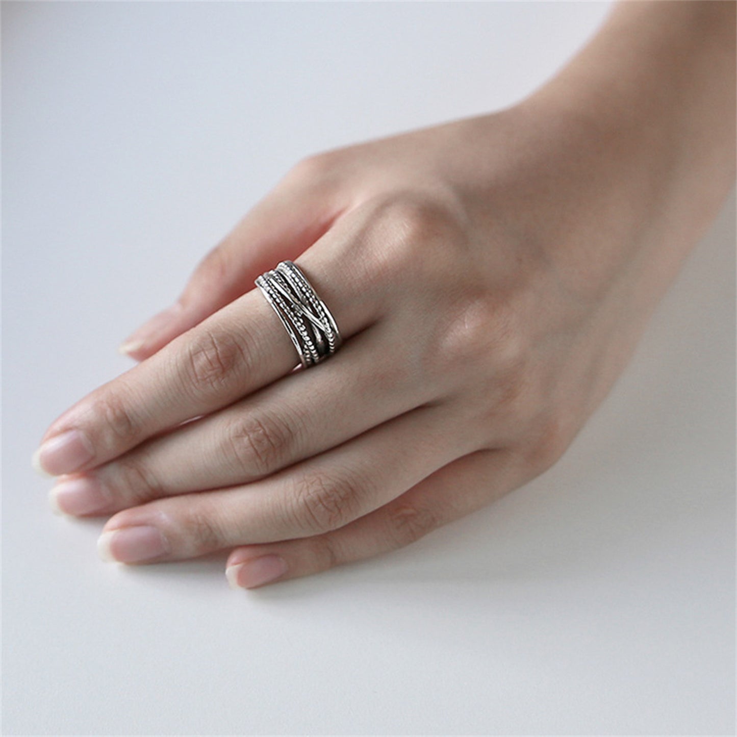 Sterling Silver Entwine Rope Crossover Open End Ring Unisex N - P