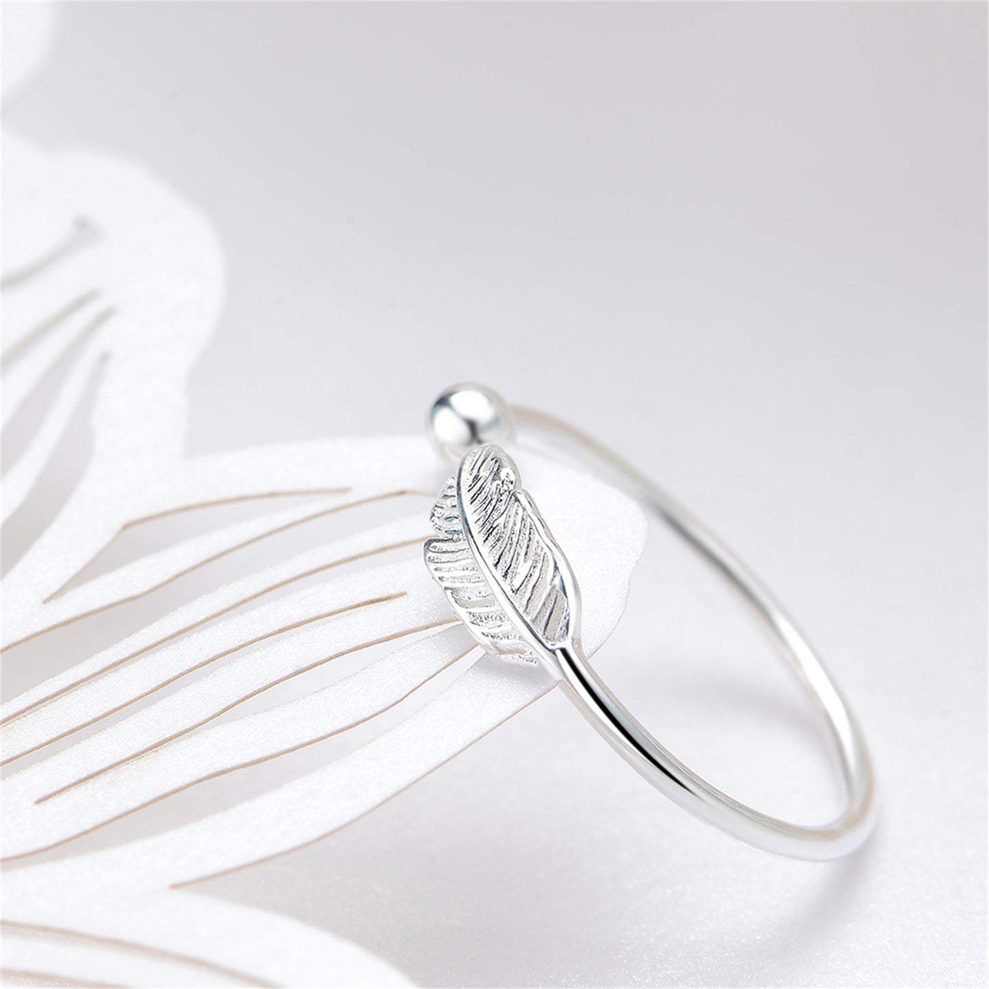 Sterling Silver Feather Angel Open Ring with Adjustable Fit