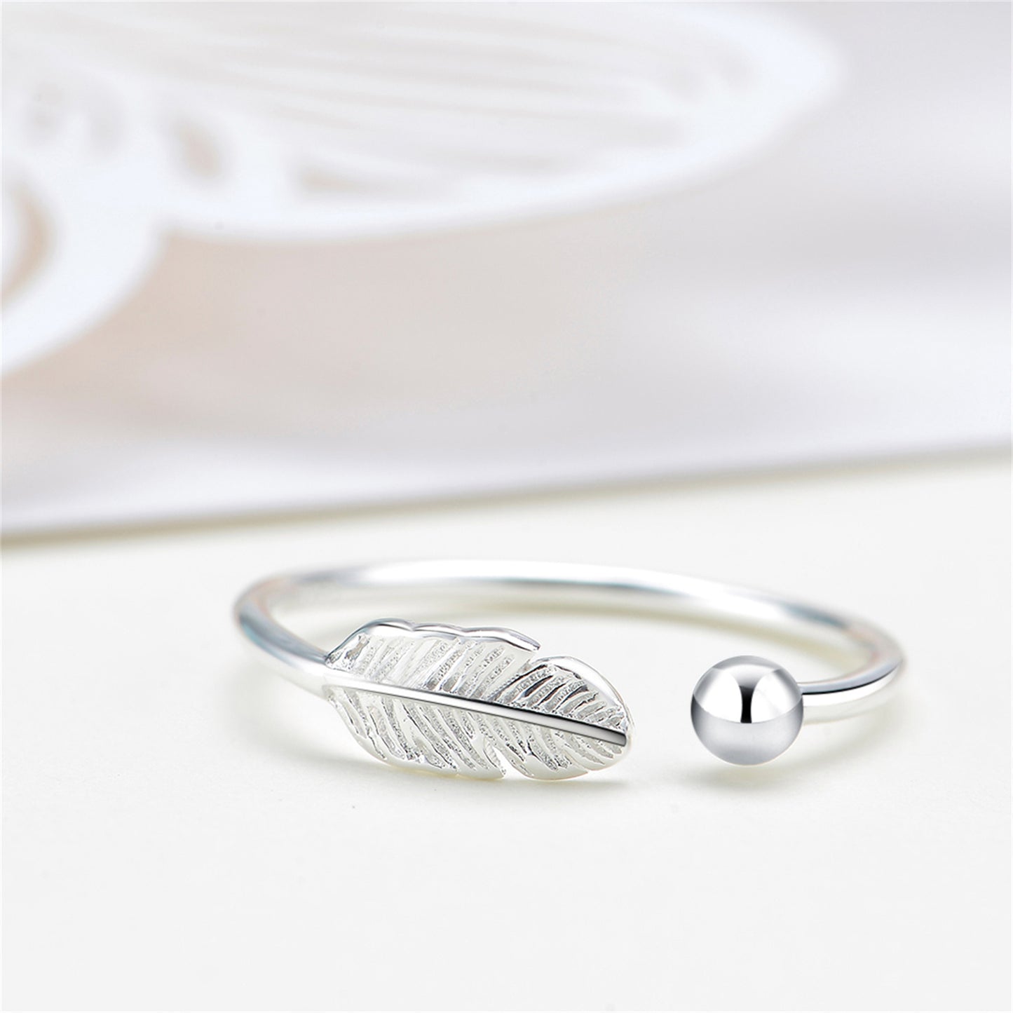 Sterling Silver Feather Angel Open Ring with Adjustable Fit