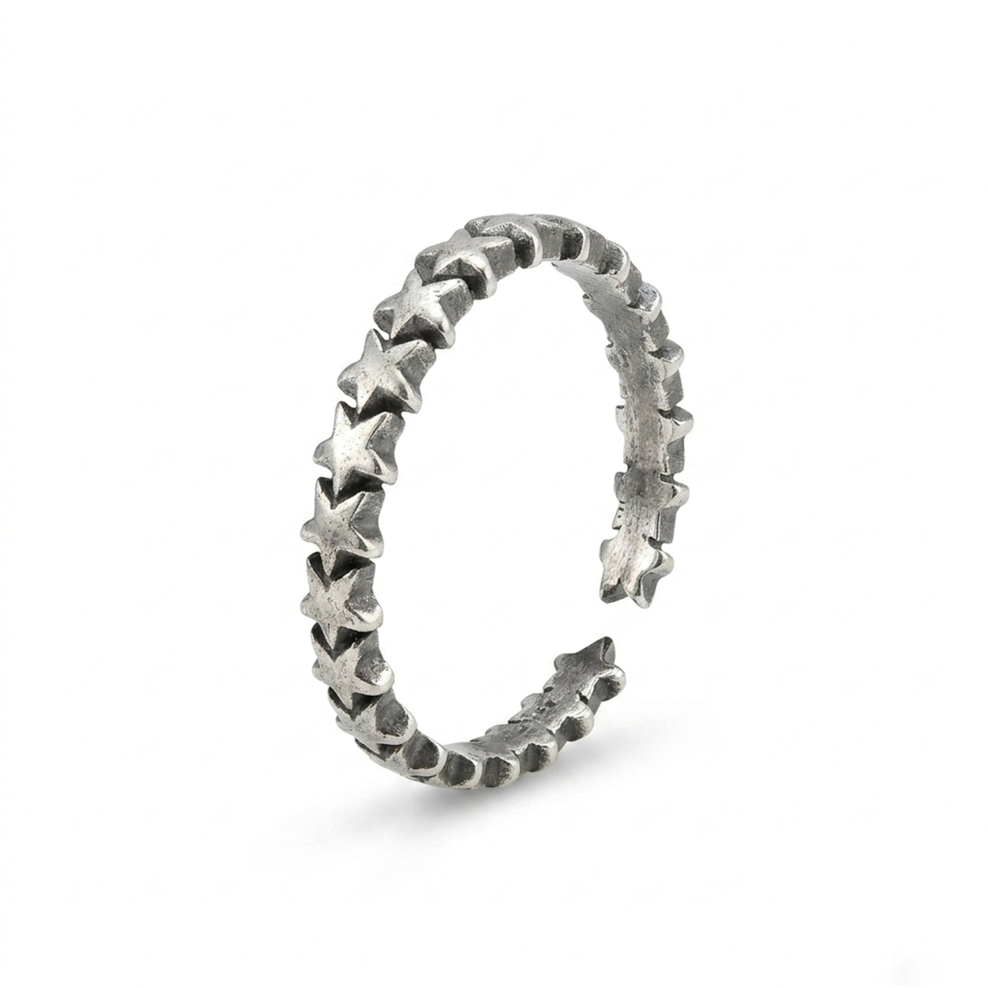 Oxidised linked stars ring, silver-toned band with raised star links