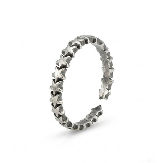 Oxidised linked stars ring, silver-toned band with raised star links