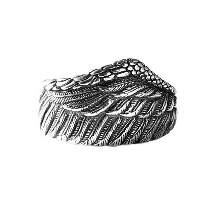 Hallmarked Sterling Silver Oxidized Wide Wrap Feather Eagle Wing Leaf Open Band Ring