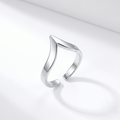 Silver wishbone V ring shown from the side, open V profile and shiny finish.