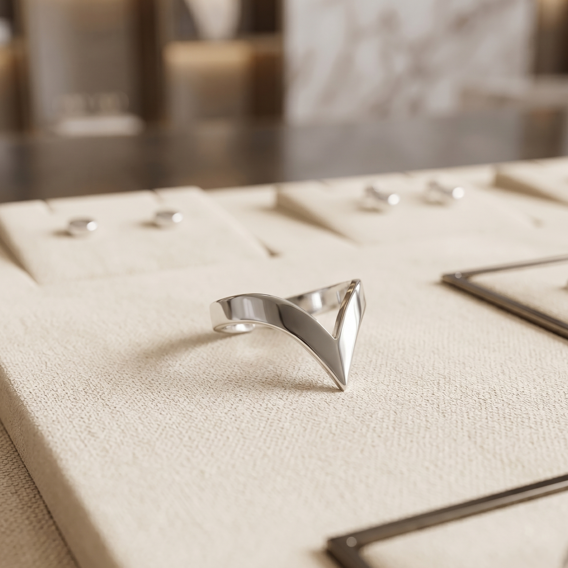 Silver wishbone V ring on a light fabric surface, angled view of the open V.