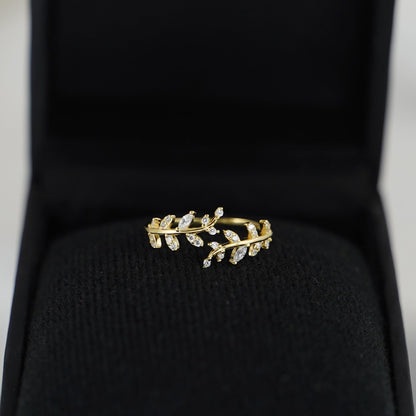 Gold on Sterling Silver CZ Leaf Feather Bridal Wrap Ring Adjustable